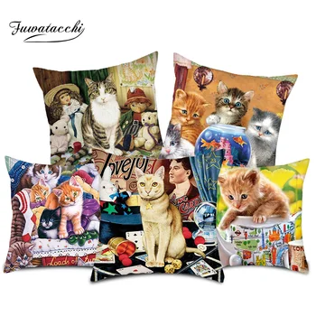 

Fuwatacchi Cat Dog Animal Cushion Cover Family Decorating Kitten Pillow Cover For Car Room Decorative Accessories Pillowcases