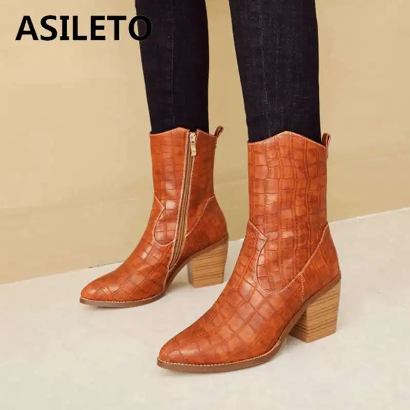 

ASILETO Autumn Winter boots genuine cow leather shoes Chelsea boots for women chunky high heels boots western motorcycle booties