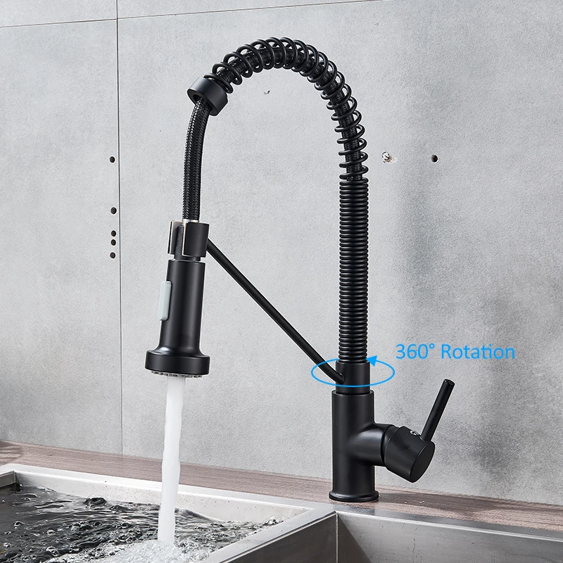 Quyanre-Matte-Black-Pull-Down-Kitchen-Spring-Faucet-Single-Level-Mixer-Tap-360-Rotation-2-way2 