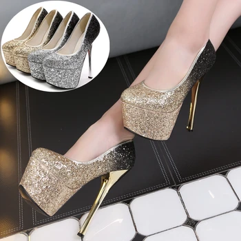 

European style luxury super high heel pumps sexy shoes Sequined silver wedding shoes fine with 15 cm large size super high heel