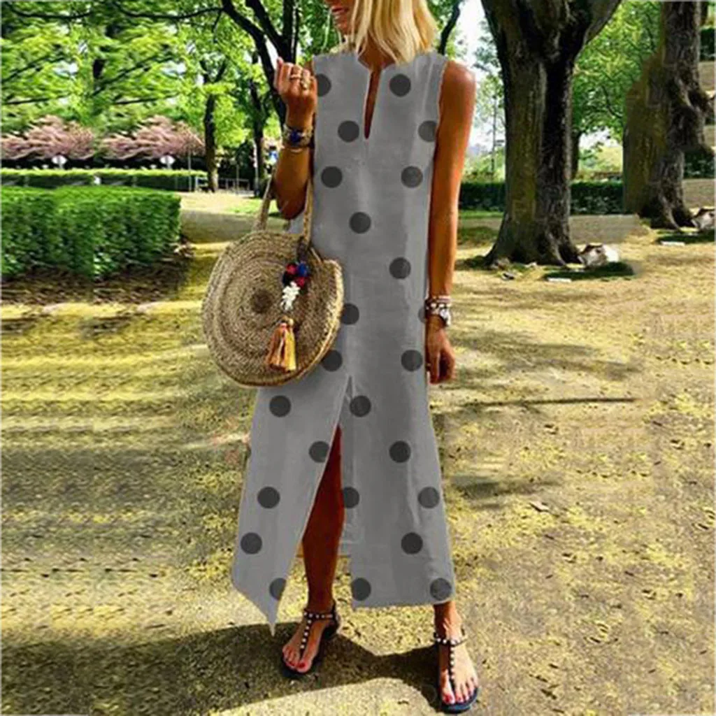 

Fashsiualy 2019 New Women Sleeveless Print V-neck Side Polka Dot Ruffle Slit Bohemian Dresses Shift Boho Maxi Dress Vestidos