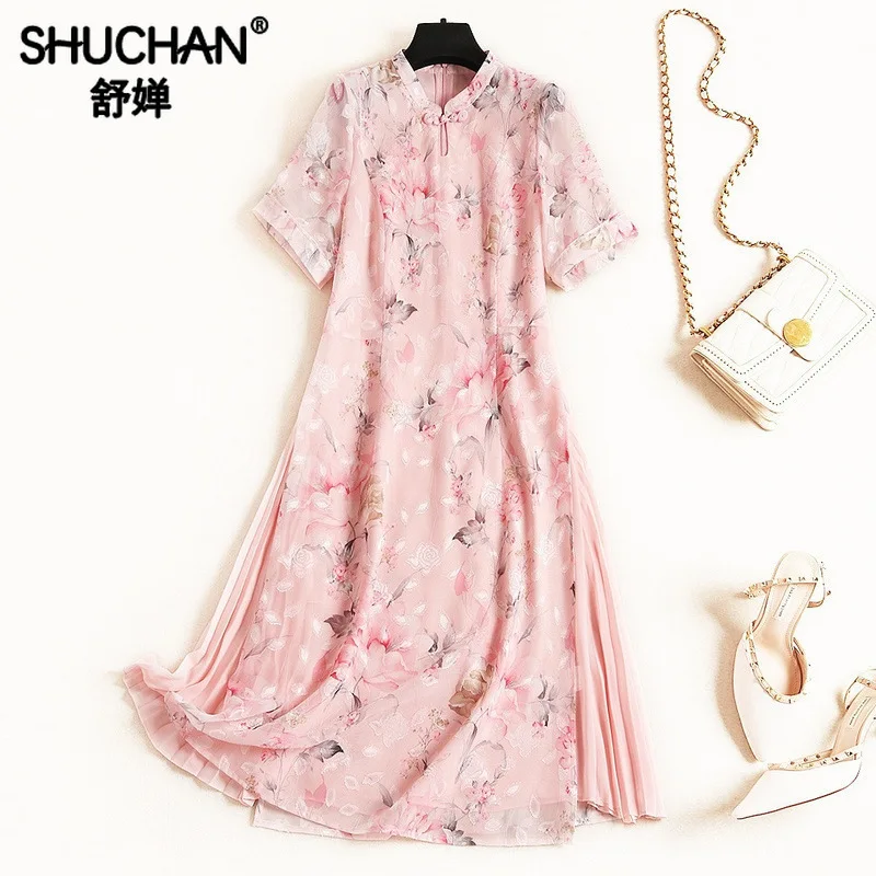

Shuchan Pink Chinese Style Mandarin Collar Dress A-Line Print Chinese Traditional Clothings for Women Designer Clothing F059