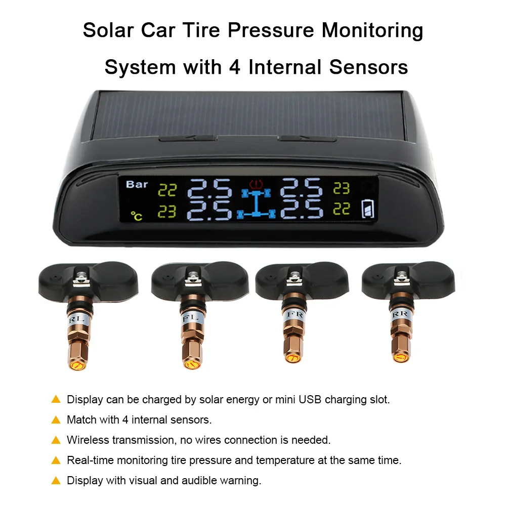Wireless Solar Car TPMS Tire Pressure Monitoring System with 4 Internal Sensors Bar/PSI Unit tp630 tpms car smart bluetooth tpms tire pressure psi bar temperature alarm system for android for ios 4 sensors
