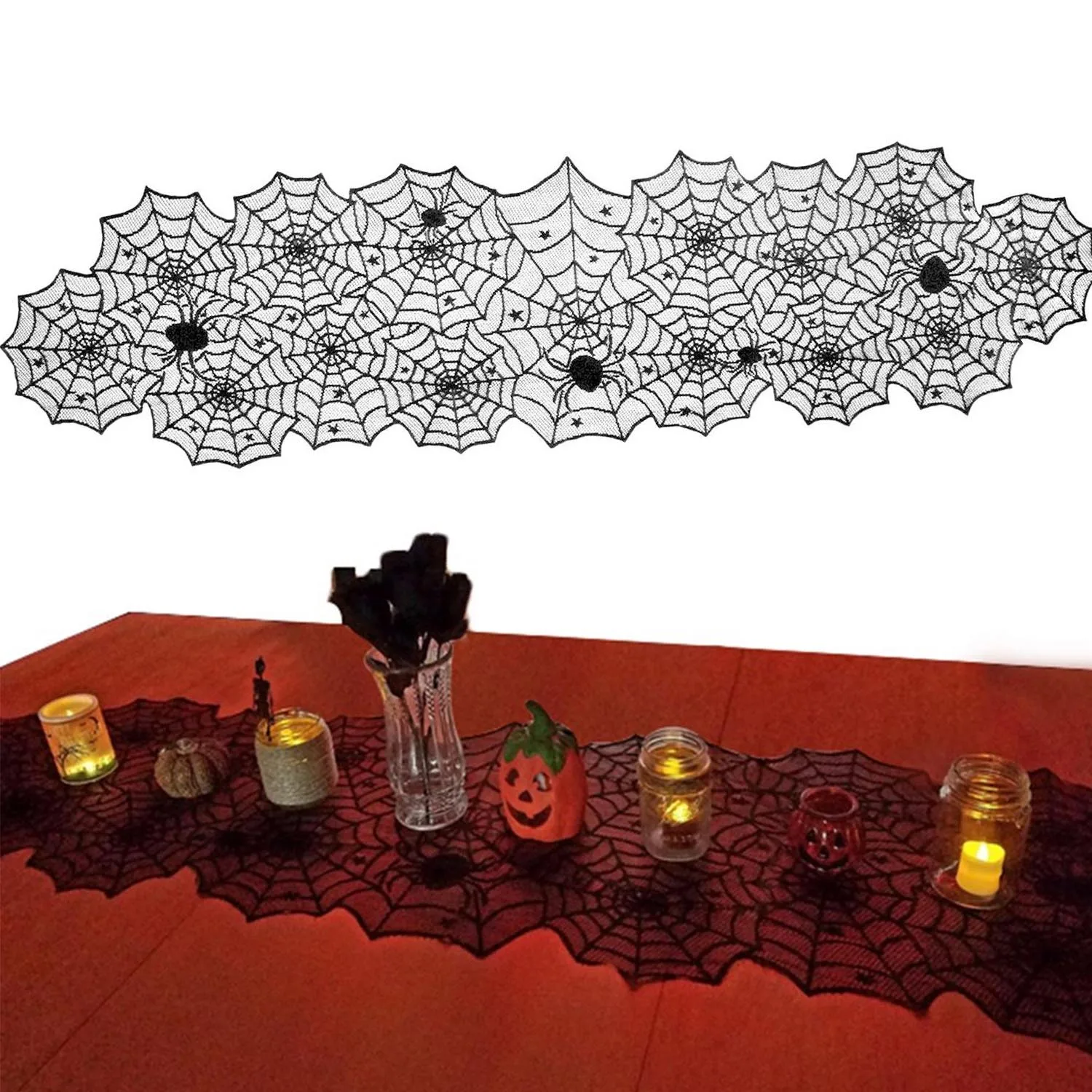 

Behogar Halloween Decoration Black Lace Spider Table Runner Cover Tablecloth for Dinner Party Scary Movie Night Table Decor