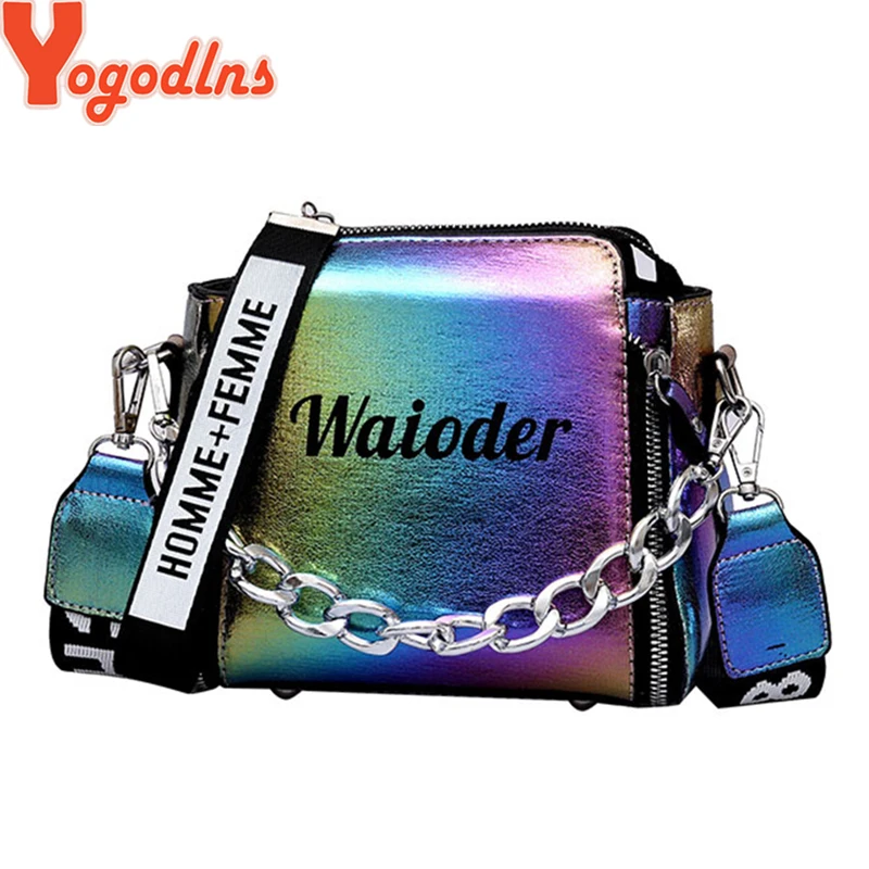 Yogodlns الليزر المرأة أكياس الأزياء الفاخرة شنطة كتف سلاسل Crossbody حقيبة المرأة 2019 إلكتروني البسيطة رفرف محفظة بولسا الأنثوية