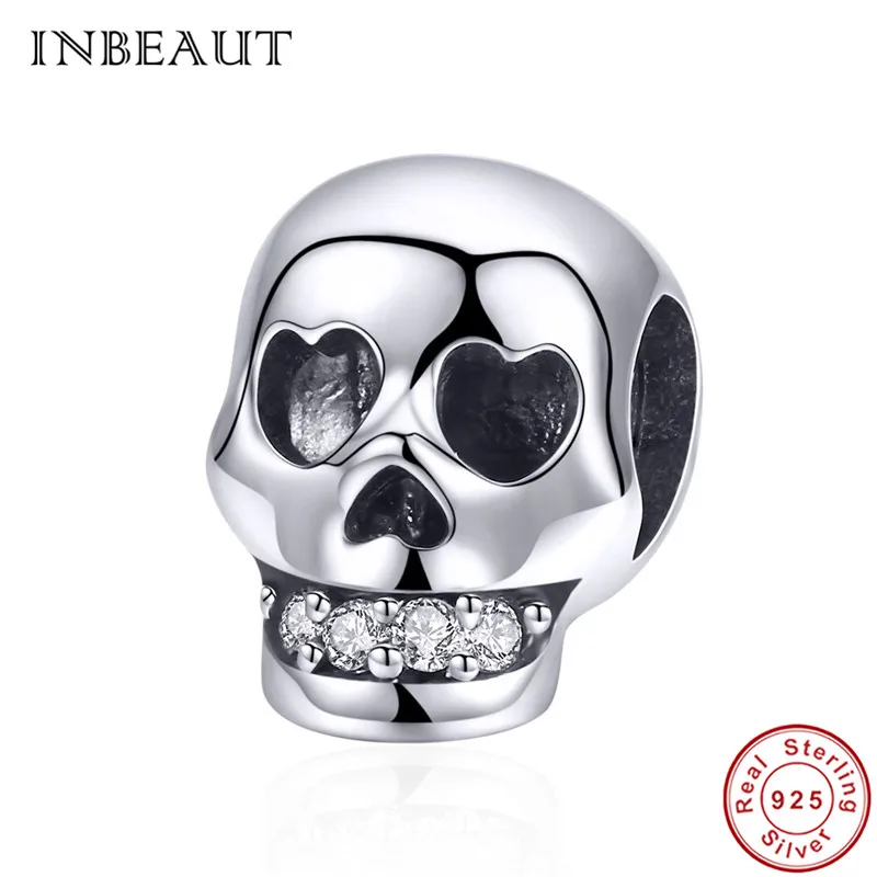 

INBEAUT Hot Sale 925 Sterling Silver Halloween Skull Beads Round White Cubic Zirconia Carved Punk Charm fit Pandora Bracelet