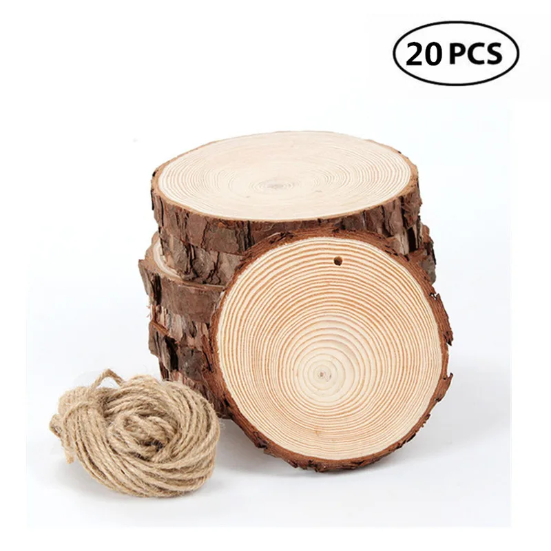 

20pcs 8-9cm Wood Slices Natural Round Unfinished Tree Bark Log Discs with Jute Twine for DIY Ornaments Wedding/Christmas