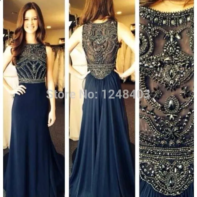 2014 Pintest A Line Navy Blue Jewel Beaded Pearls Long Maxi Dresses