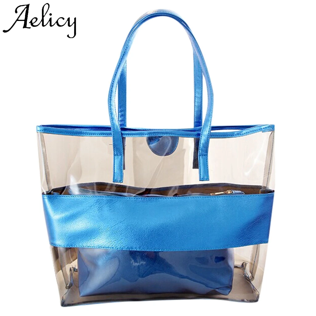 Aelicy أزياء سيدة سعة كبيرة شفافة الشاطئ عالية الجودة الصلبة حقيبة اليد جيب للهاتف هلام حقيبة يد حقيبة كتف