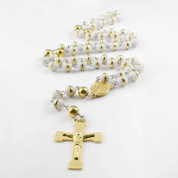 

Fashion Men Cross Necklace Gold Stainless Steel Maria Cross Link Rosary 8mm Black White Beads Color Pendant Necklace Jewelry