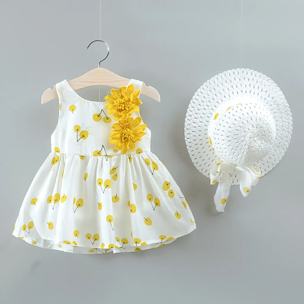 

Pretty Kids Girls Dress Baby Girl Cherry Printed Princess Dress+Hat Outfits Set Clothes Summer New Cartoon Holiday Sundress