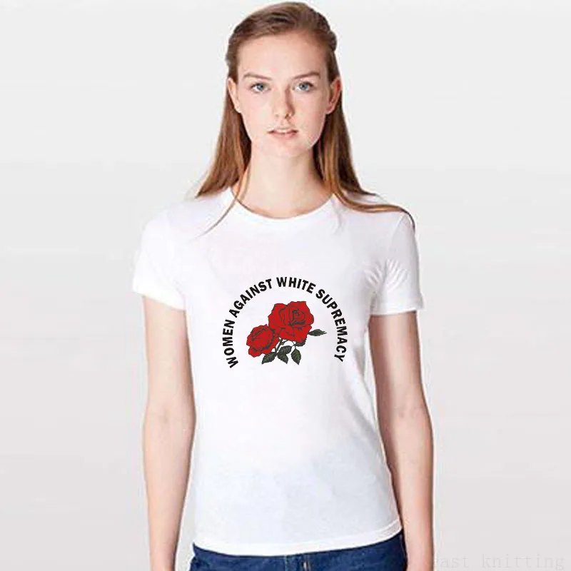 WT0234 New Fashion Chest Red Rose Printed Women White T shirt Girl