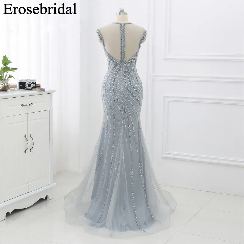Elegant Evening Dress Long 2019 Sliver Beaded Formal Dresses Evening Gown for Women Illusion Back with Zipper robe soiree Elegant Evening Dress Long 2019 Sliver Beaded Formal Dresses Evening Gown for Women Illusion Back with Zipper robe soiree