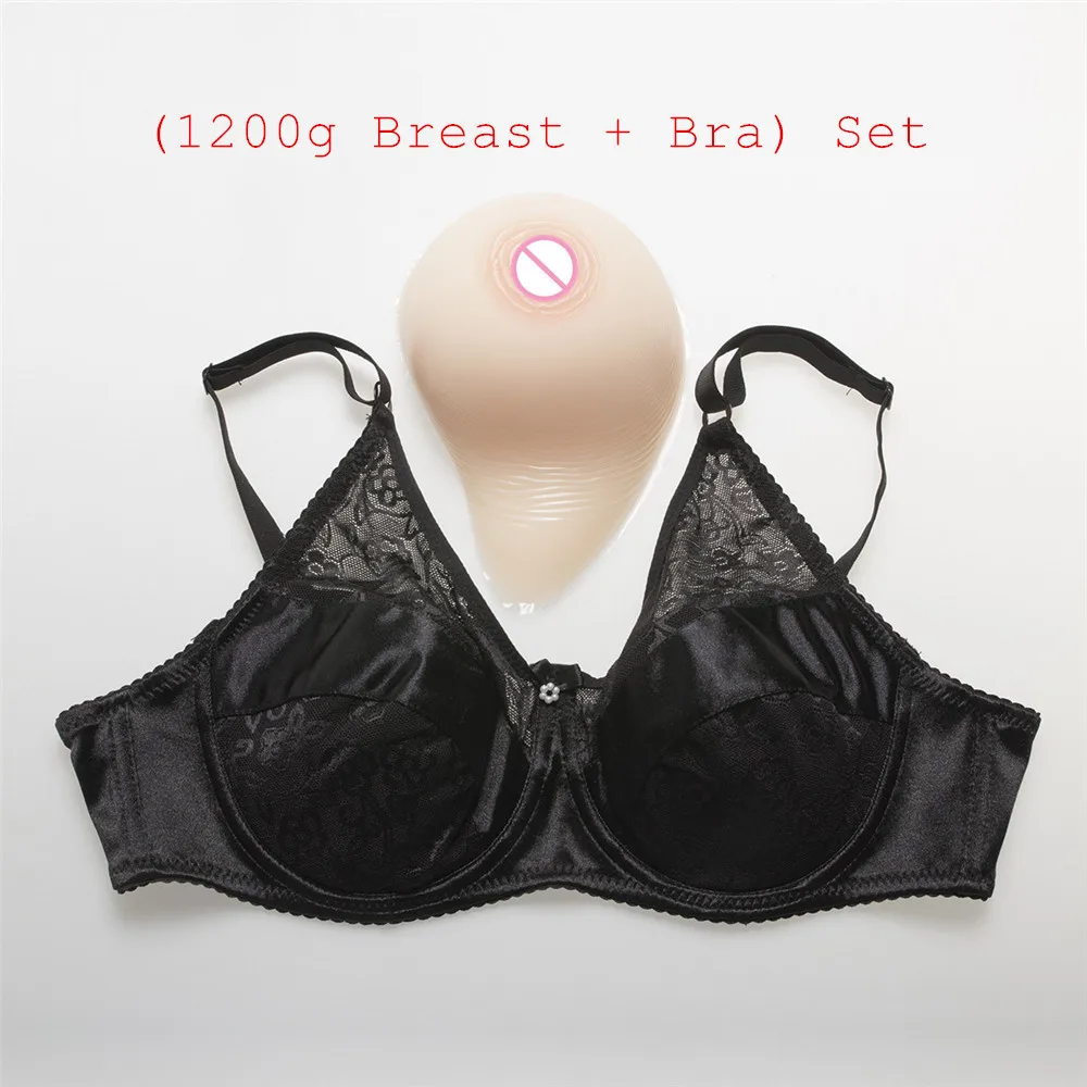 (1200g/pair Classic Curved White Silicone Breast + Sexy Lace and Satin Pocket Bra) Mastectomy Drag Queen Boobs With Bra Set