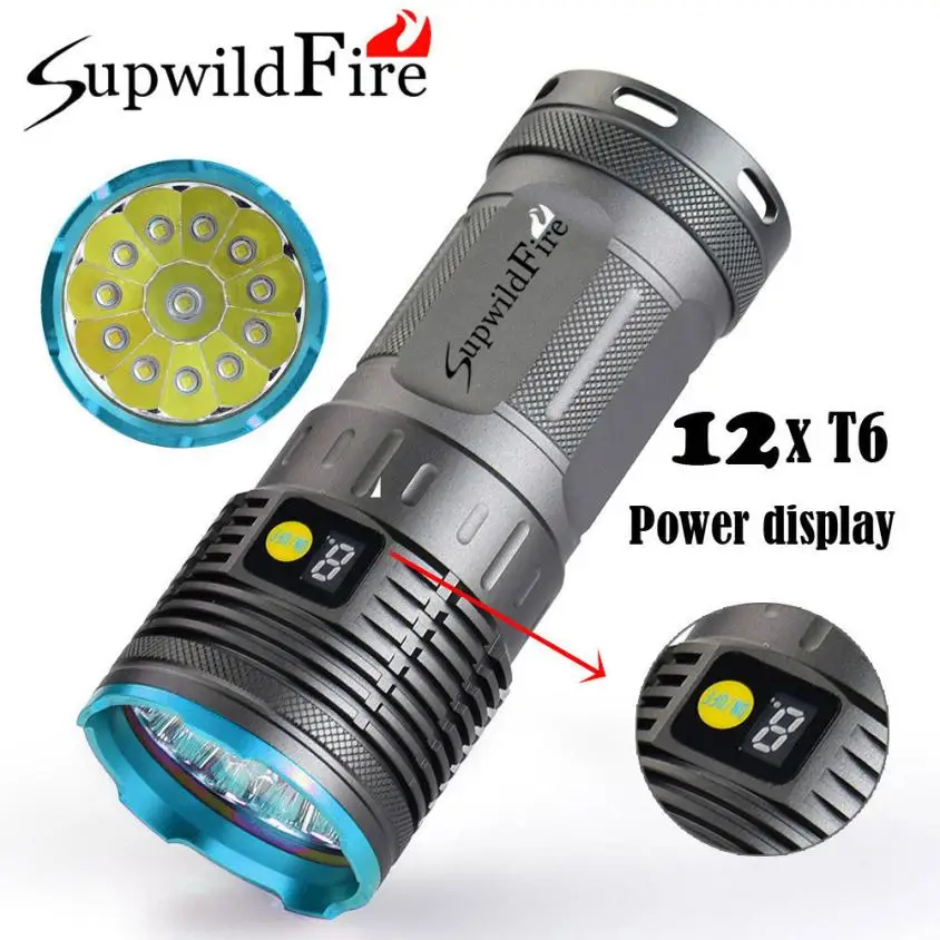 

Supwildfire 35000LM 12 x XM-L T6 LED Power Digital Display Hunting Flashligt Waterproof 3 Modes Cycling Camping Light P5
