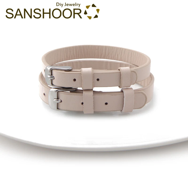 Beige Set SANSHOOR 8 мм/10 мм Конфета натуральная кожа Хранитель браслет для женщин Childs Fit DIY Хранитель слайд талисманы Семейный Браслет, ремни 2 шт - Окраска металла: Beige Set