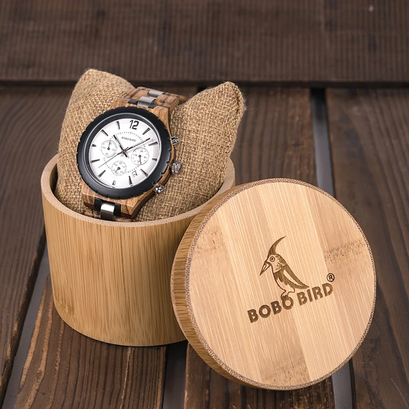 Stopwatch in Sport Watches Men BOBO BIRD Wooden Male saat erkek Metal and Wood Wristwatch With Date Clock Gift In Wood Box