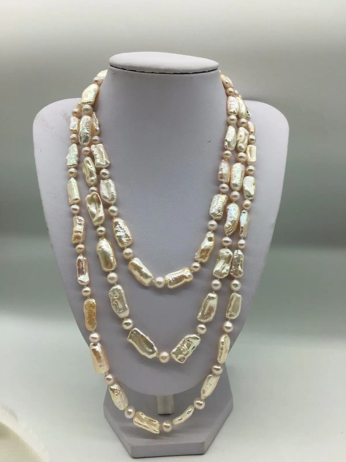 

Strand Natural Pink Stick Biwa Pearl Long Beads Necklace Sterling Silver 60"