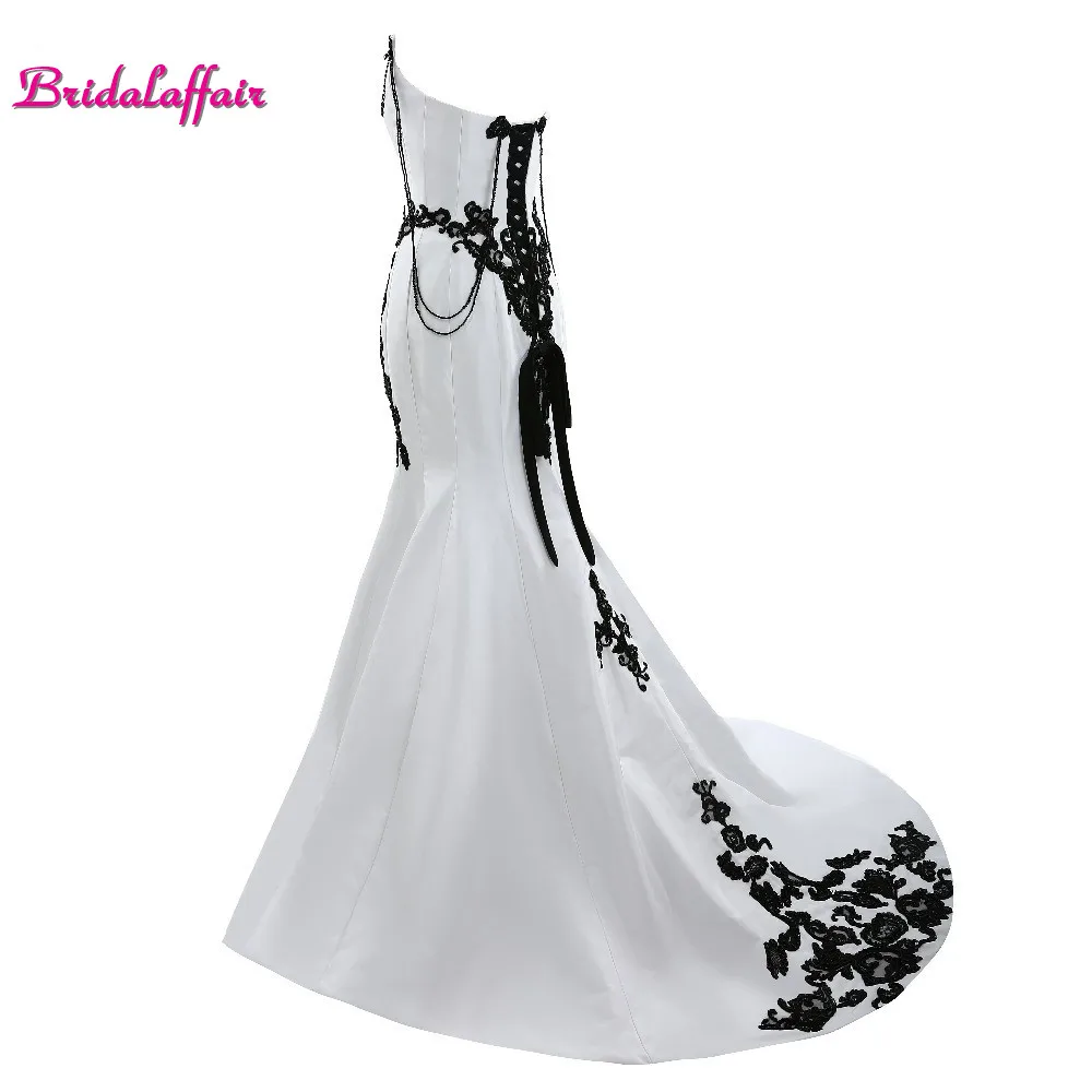 

Real Photo Black Appliques White Satin Sweetheart Prom Dresses 2017 Custom made Simple Design Sweep Train Mermaid Party Gowns