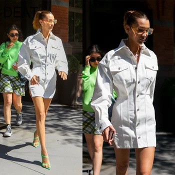 

DEAT Spring autumn laple long sleeve white patchwork pockets single breasted vintage dress women fashion tide AG57000XL