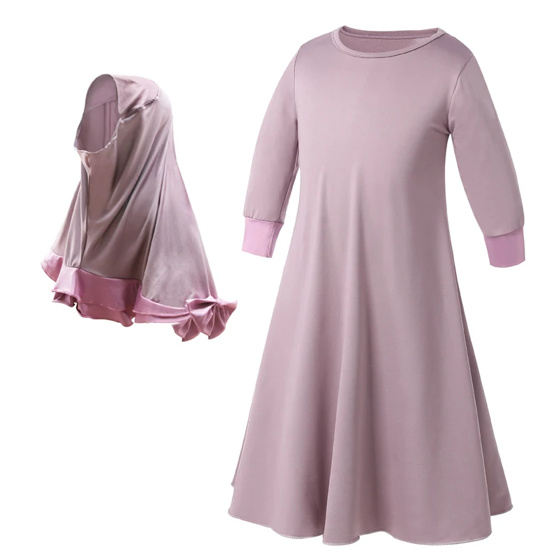 Two Sets Traditional Flowers Kids Clothing Fashion Child Abaya Muslim Girl Dress Jilbab and Abaya Islamic Children Hijab Dresses