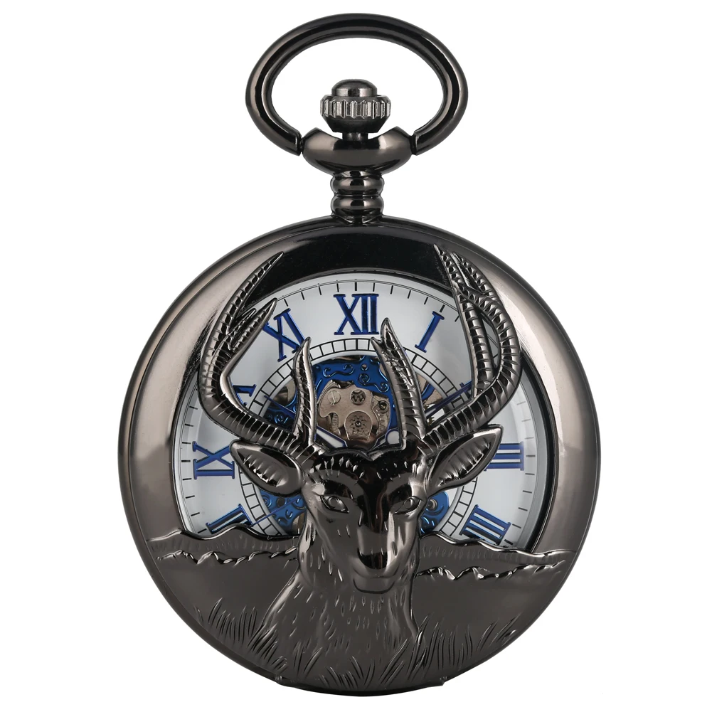 

Men's Black Goat Hollow Out Mechanical Pocket Watch Roman Numeral Pocket Watches Premium Alloy Thick Chain Pendant Watch