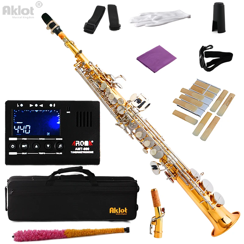 Aklot Bb Soprano Saxophone Sax Gold Brass Body Nickel Key with