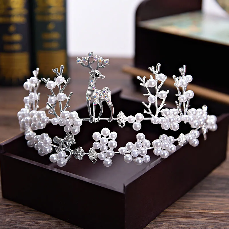 

Fashion Hairwear Korean New Deer Pearl Bride Crown Hair Accessories Silver Animal Birthday Headband Beautiful Wedding Headdress