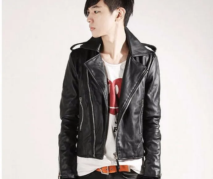 Черная мотоциклетная Мужская куртка и пальто из искусственной кожи зимняя новая Корейская приталенная мужская куртка из искусственной кожи британская панк куртка
