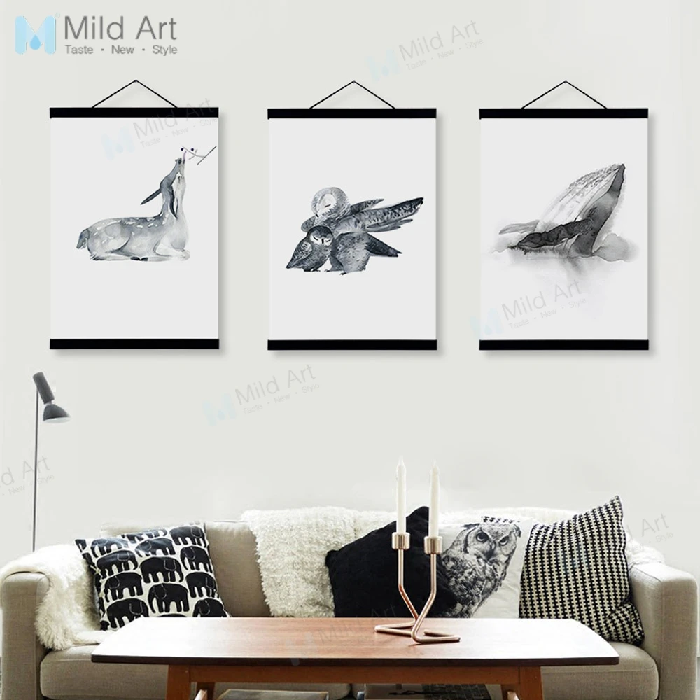 

Oriental Ink Mother Animals Family Deer Whale Wooden Framed Posters Wall Art Pictures Home Decor Canvas Paintings Hanger Scroll