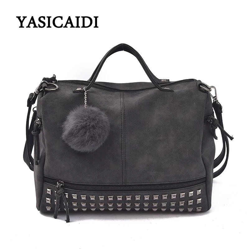 

Famous Brand Vintage Nubuck Leather Female Tote Bag Rivet Large Capacity Women Bags Hnadbags Fashion Hair Ball Shoulder Bag 2018