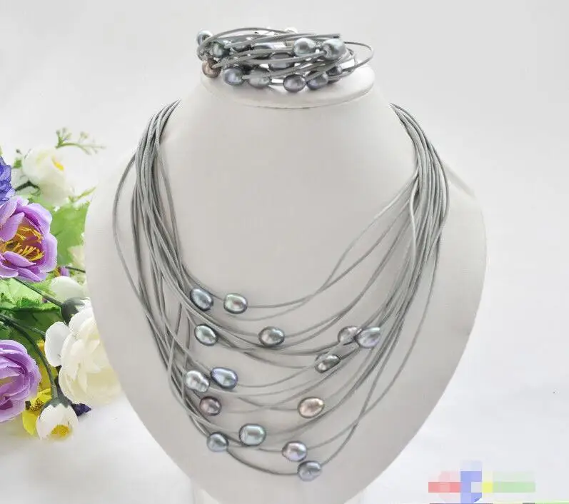 

Hot selling free shipping***** 15row 13mm black rice pearl gray leather necklace & bracelet