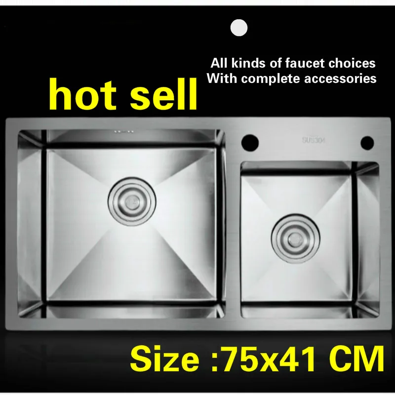 Бесплатная доставка ручной работы 304 нержавеющая сталь бытовой кухонная раковина утолщение двойной паз Лидер продаж 750x410 мм