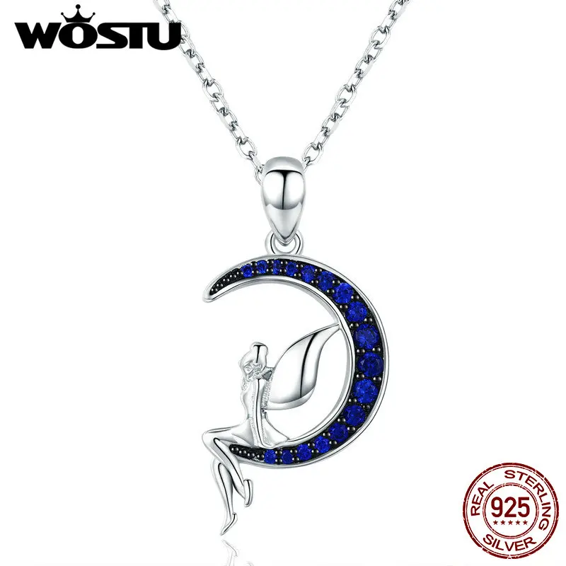WOSTU классический Лидер продаж 925 пробы Серебряная Фея в голубой Луне CZ кулон ожерелье для женщин ювелирные изделия модный подарок CQN244
