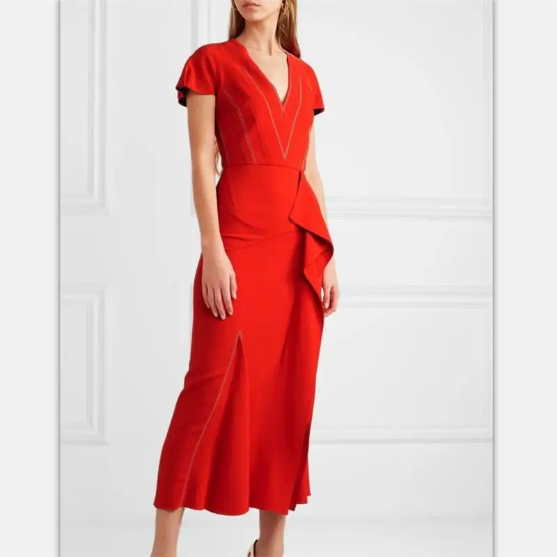 

Women Runway Dress 2019 High Quality Spring Summer V-Neck Short Sleeve Elegant Dresses Casual NP0286J