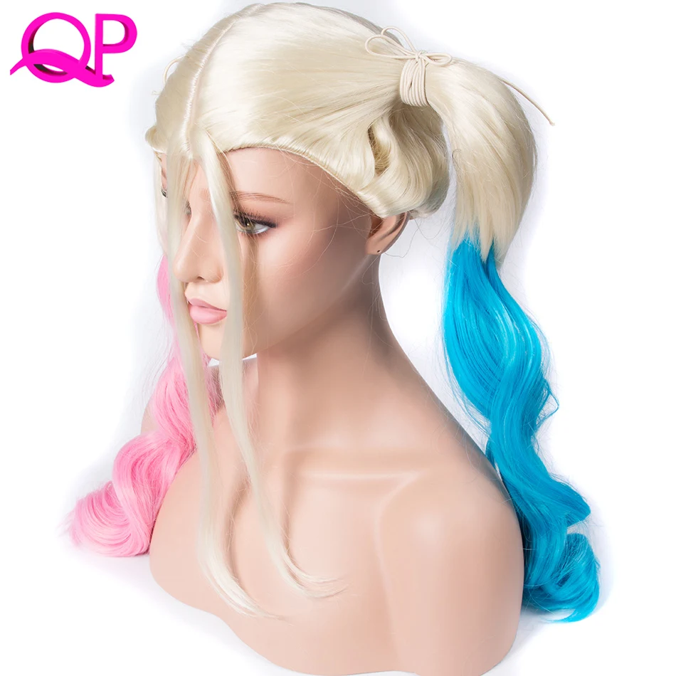 Qp Волосы средней длины Искусственные парики естественная волна для Для женщин розовый голубой парик 20 дюймов Косплэй парик