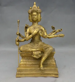 

christmas 10" Tibet Buddhism Brass Thailand 4 Head 8 Arm Ayutthaya Maitreya Buddha Statue New Year