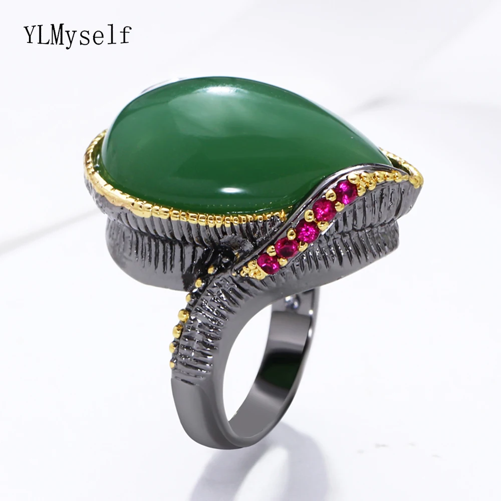 

2022 Vintage Ring Big Water Drop Green Stone Luxury Jewellery Best Gift For Mom High Quality Elegant Jewelry Rings For Women