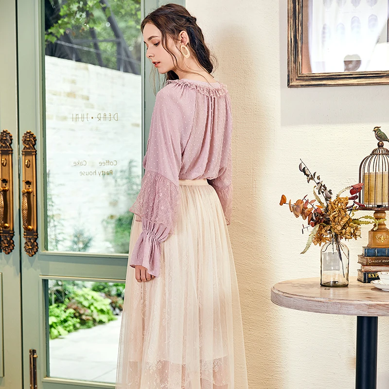 Cordon Femmes À Automne Mousseline Volants Arrondi Soie De Dentelle Élégant Manches Sa15081q Col Nouvelles Chemise Perspective Couture Lavande En Artka 2018 5qIAwtxSY