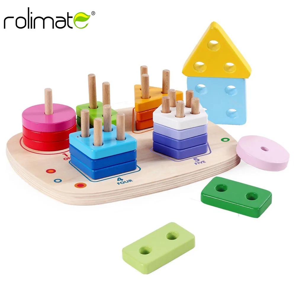 

rolimate Wooden Puzzle Toddler Toys Shapes Sorter Preschool Geometric Blocks Stacking Games for Kids
