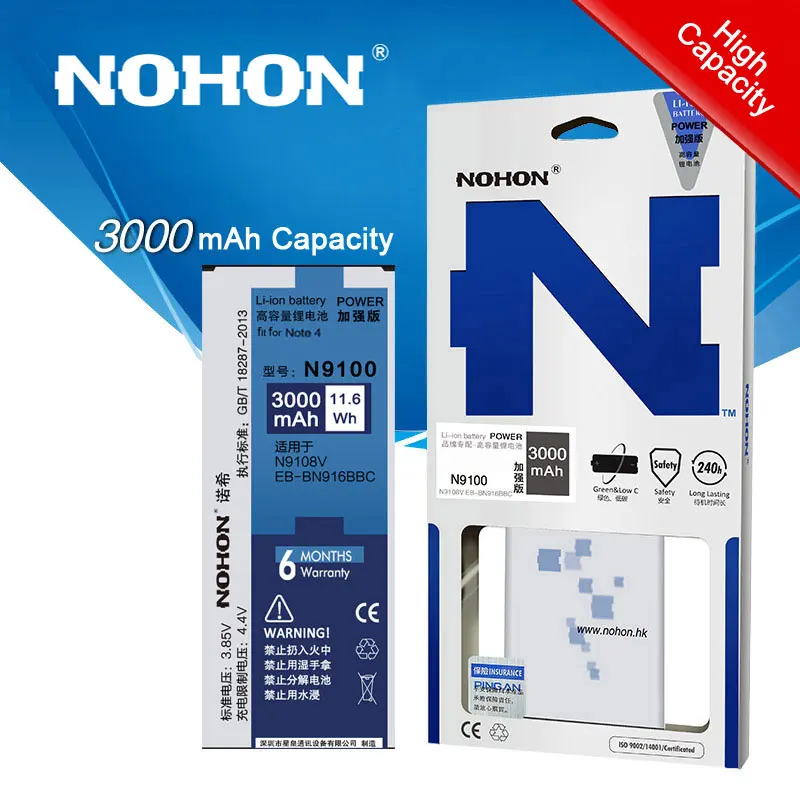 2018 Оригинальный аккумулятор для телефона NOHON Samsung Galaxy Note 4 Note4 N9100 N9109W N9108V EB BN916BBC 3000