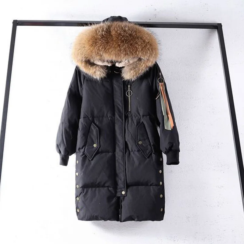 

Real Natural Raccoon Fur 2018 Long Winter Jacket Women White Duck Down Coats Loose Thick Female Jacket Hooded Loose Down Parka
