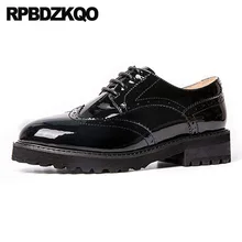 Обувь с перфорацией типа «броги» на заказ; китайская обувь на шнуровке из воловьей кожи ручной работы с круглым носком; Высококачественная обувь из натуральной лакированной кожи; черные винтажные женские туфли-оксфорды