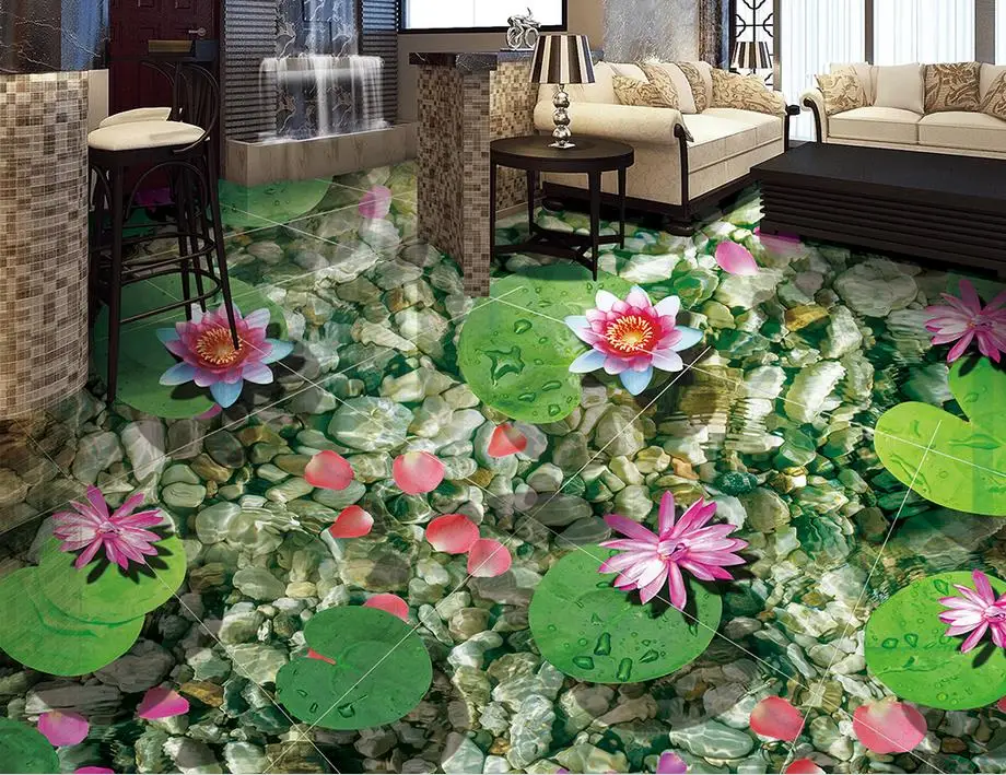 

high quality 3d flooring custom 3d stereoscopic wallpaper 3d floor Water stone lotus vinyl flooring adhesives room wallpaper