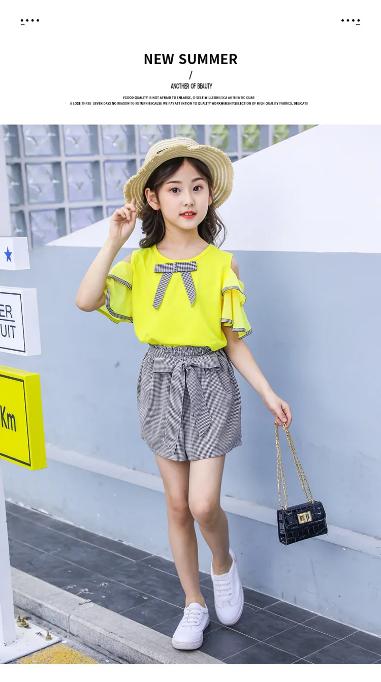 New Casual Teenage Girls Clothing Summer Fashion Bow Ruffle Sleeve Shirt Plaid Shorts Kids Clothes Set 2pcs Korean Children Suit (8)