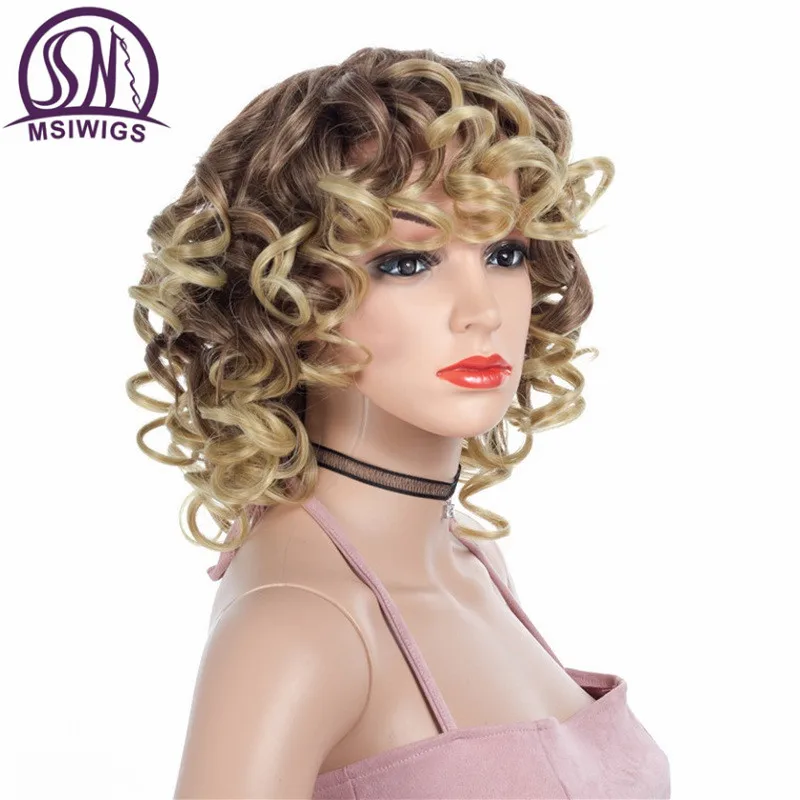 MSIWIGS Ombre блондинка вьющиеся короткие парики с челкой черный синтетический