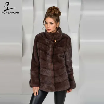 

FURSARCAR 2019 New Arrival Women Real Mink Fur Coats With Standing Collar Thick Warm Full Pelt Jacket Female Mink Fur Outwear