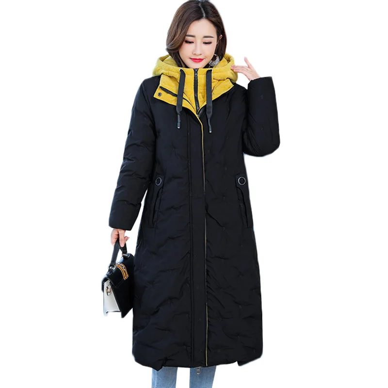 Новая зимняя длинная пуховая хлопковая куртка, пальто, женские парки, утолщенная теплая верхняя одежда с капюшоном и хлопковой подкладкой размера плюс 5XL, женская одежда
