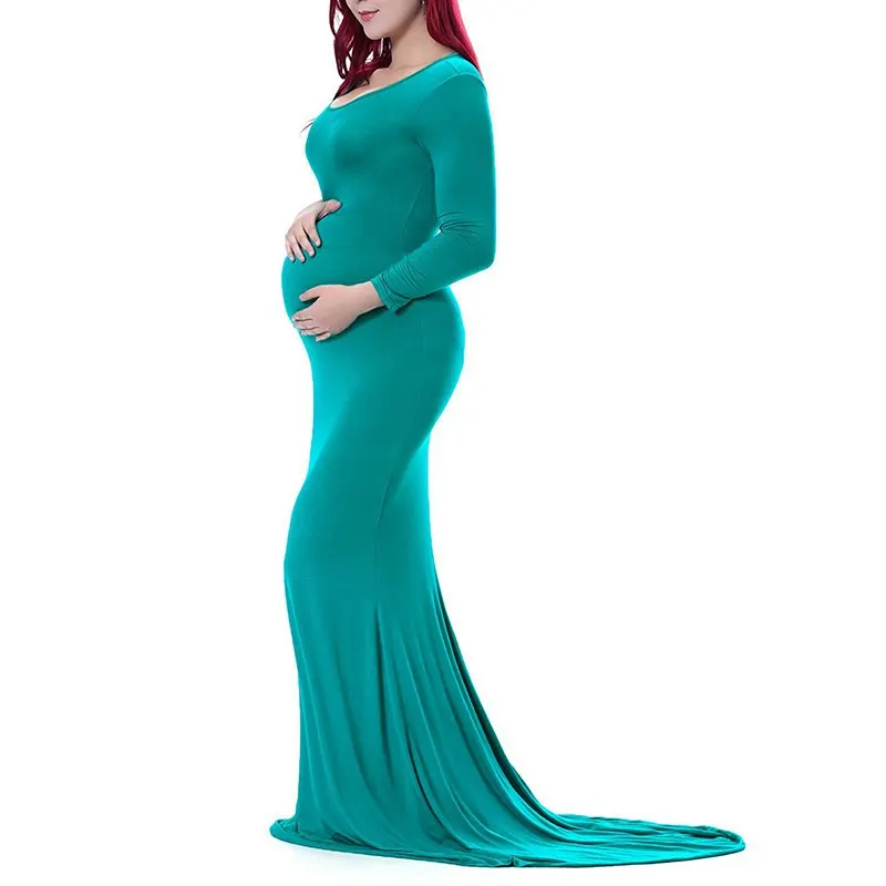 VOGUEON Women V Neck Maternity Dress Long Sleeve Ruched Maxi Photography Clothes Lady Mermaid Pregnant Baby Shower Evening Gown