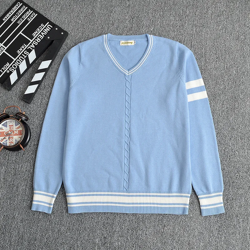 

Japanese JK pullovers sweater water blue white bar V neck long sleeve uniforms sweater Center twist decoration